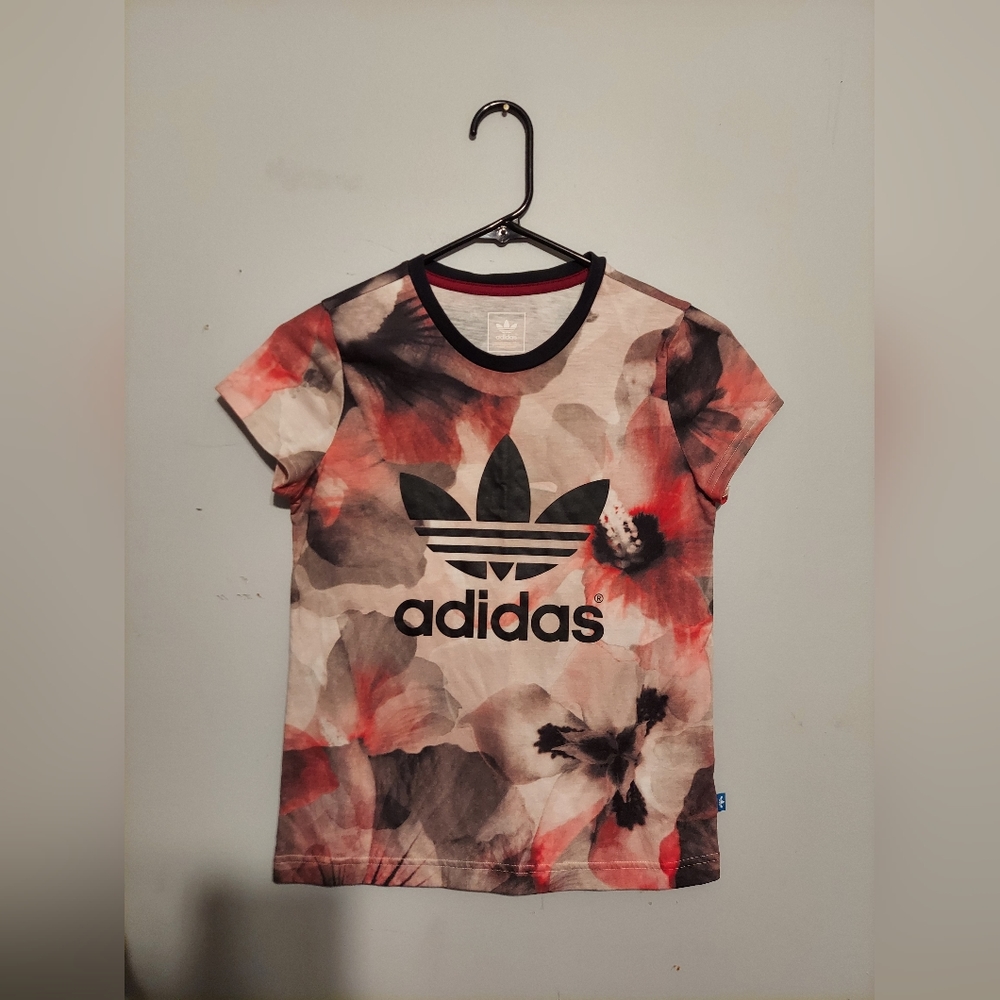 Adidas Originals T Shirt Top Size Medium Black Trefoil Floral Short Sleeve